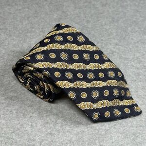 Vakko‎ Silk Tie Navy Gold Chain Medallion Stripe Pattern Wide 55x3.75 in